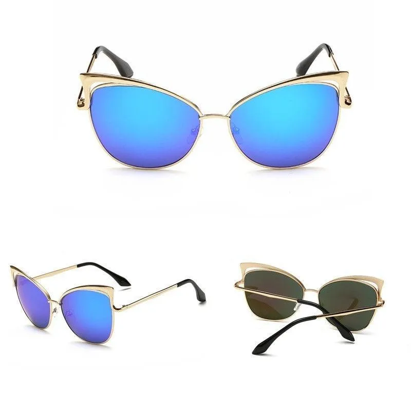 Новые модные роскошные солнцезащитные очки кошачий глаз для женщин, фирменный дизайн, двухлучевые зеркальные Мужские солнцезащитные очки, винтажные женские солнцезащитные очки UV400 - Цвет линз: Синий