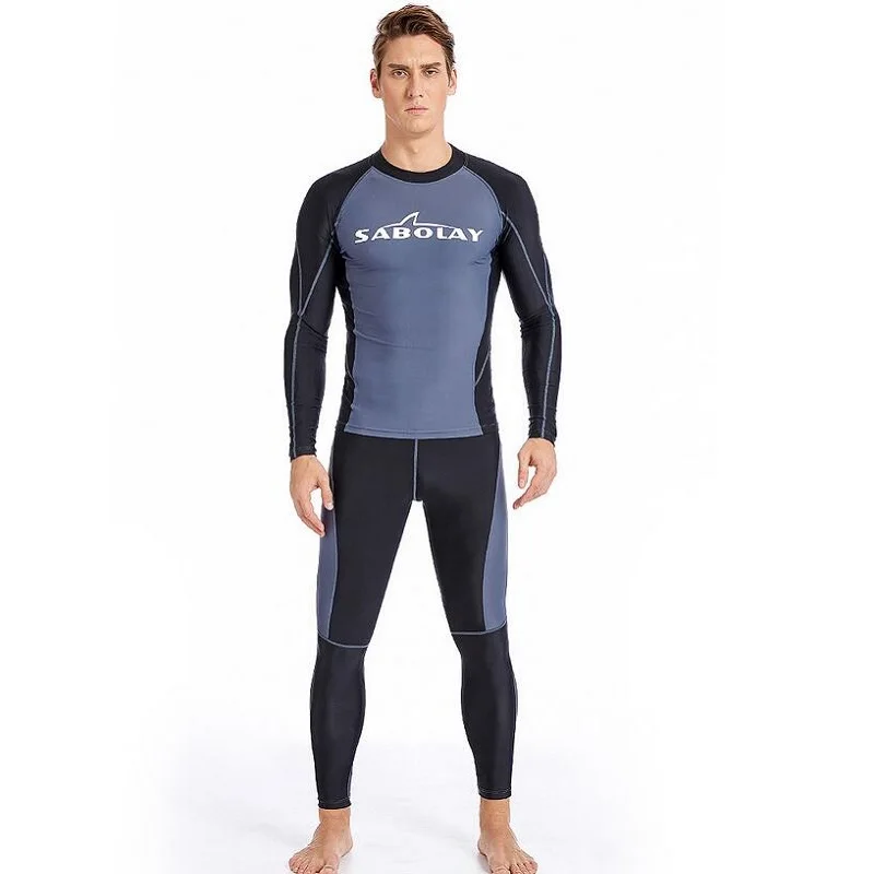 Men Dive Skin Beach Swim Surf Rash Guard Divided body Long Sleeve Shirt