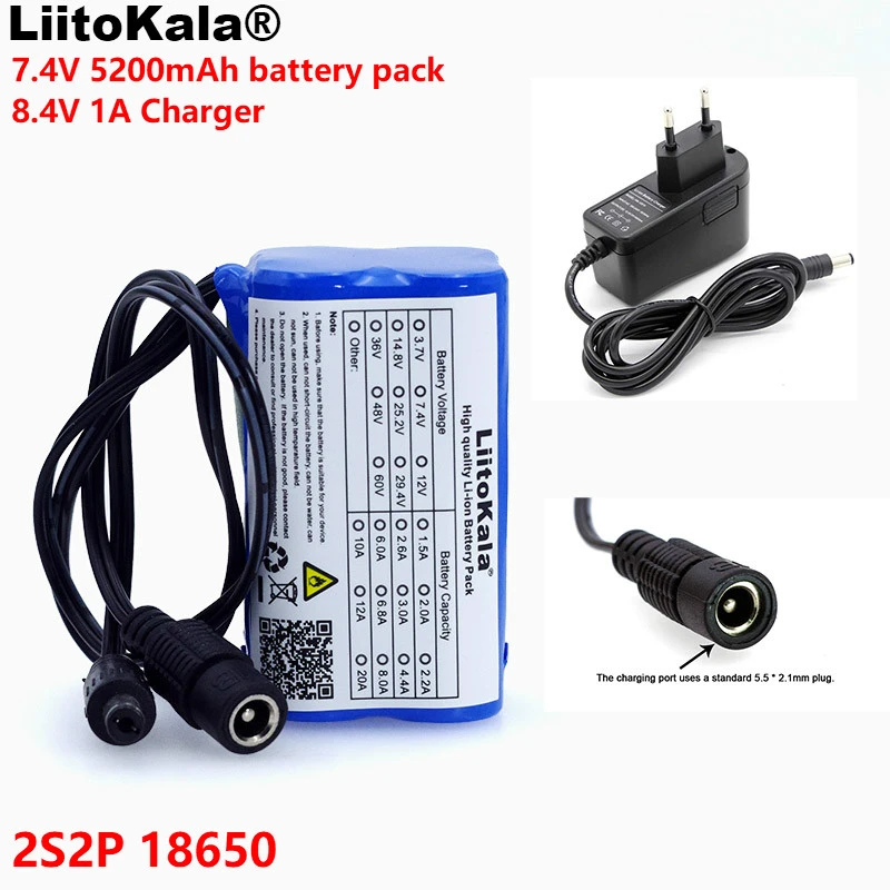 LiitoKala Beschermen 7.4 v 5200 mah 8.4 v 18650 Li-ion Batterij  fietsverlichting Hoofd lamp speciale batterij DC 5.5*2.1mm + 1A Charger -  AliExpress Consumer Electronics