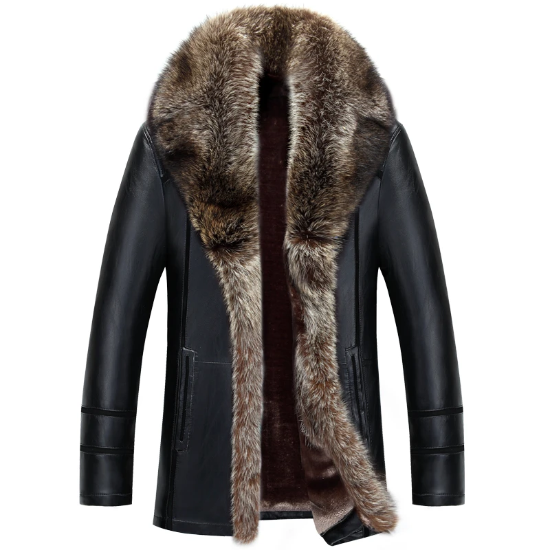 Russian Winter Raccoon Dog Fur Collar Leather Jacket Men New Thicken Windbreaker Coat Fashion Flocking Faux Leather Jacket Male mens leather bomber jacket