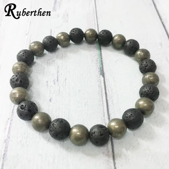 

Ruberthen New Design Men`s Energy Power Bracelet Natural Pyrite Lava Stone Bracelet Best Gift Jewelry for Boyfriend