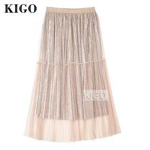 KIGO двухслойная Женская винтажная сетчатая бархатная юбка, плиссированная юбка с высокой талией, бархатная юбка с эластичной резинкой на талии, юбка цвета металлик, Jupe Saia KJ2766H