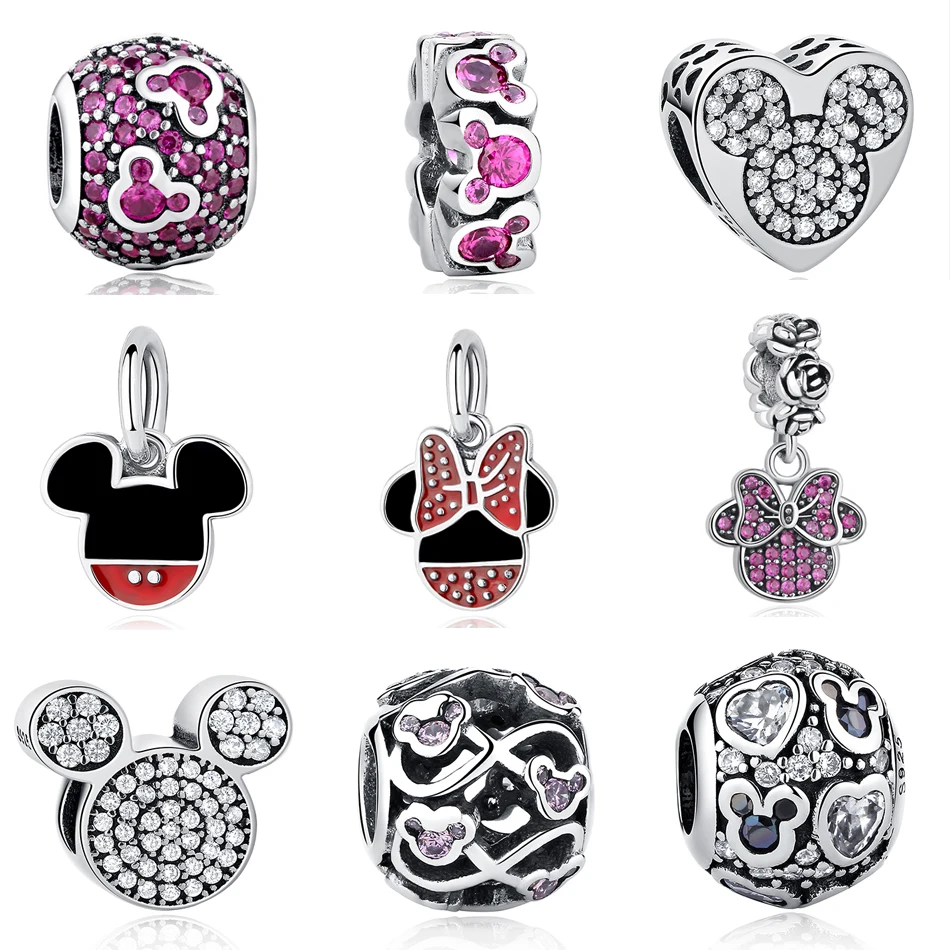 

ELESHE European 925 Sterling Silver Pink Minnie Mickey Charms Crystal Beads Fit Bracelet & Bangle DIY Fashion Jewelry