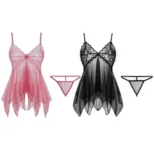 Womens Temptation See Through Mesh Mini Babydoll Lingerie Dress Floral Lace Patchwork V-Neck Nightgown Pleated Irregular Ruffles lace panel ruffles mesh sheer slip babydoll