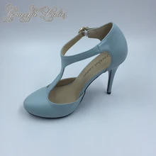 Light Blue Pointed Toe T-strap Wedding Pump Shoes High Heels Ankle Strap Stilettos Bridal Shoes Soft Leather Buckle Strap 2016