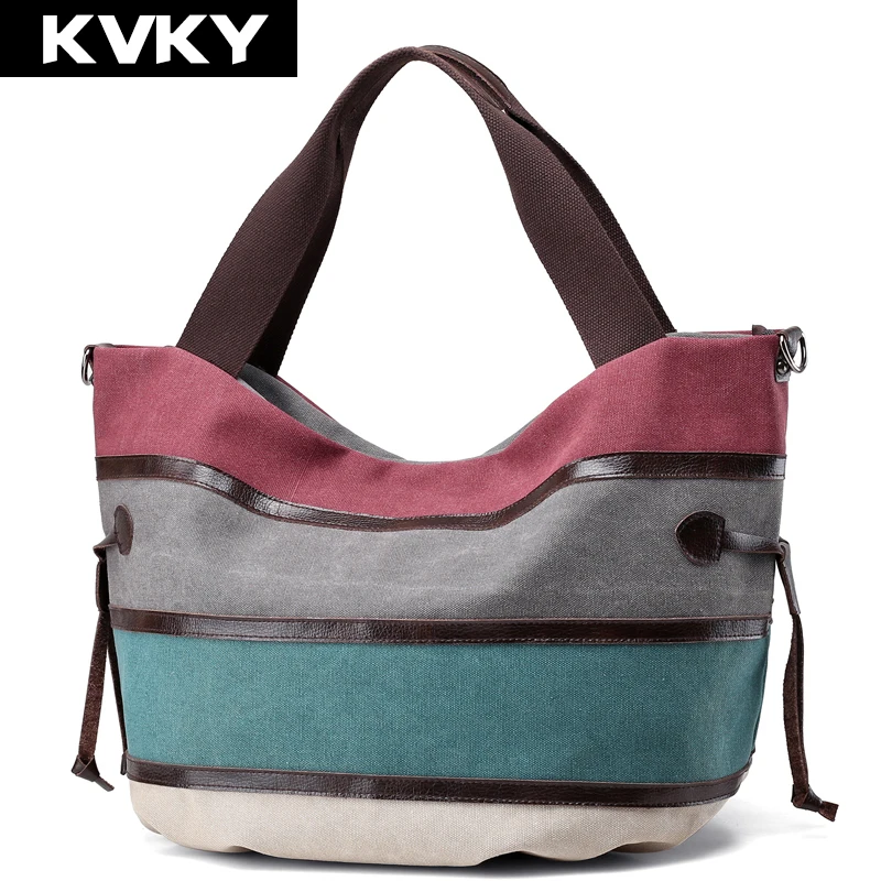 

KVKY Vintage Canvas Women Handbag Casual Ladies Large Capacity Shoulder Bag Patchwork Female Tote Designer Messenger Bag Bolsos