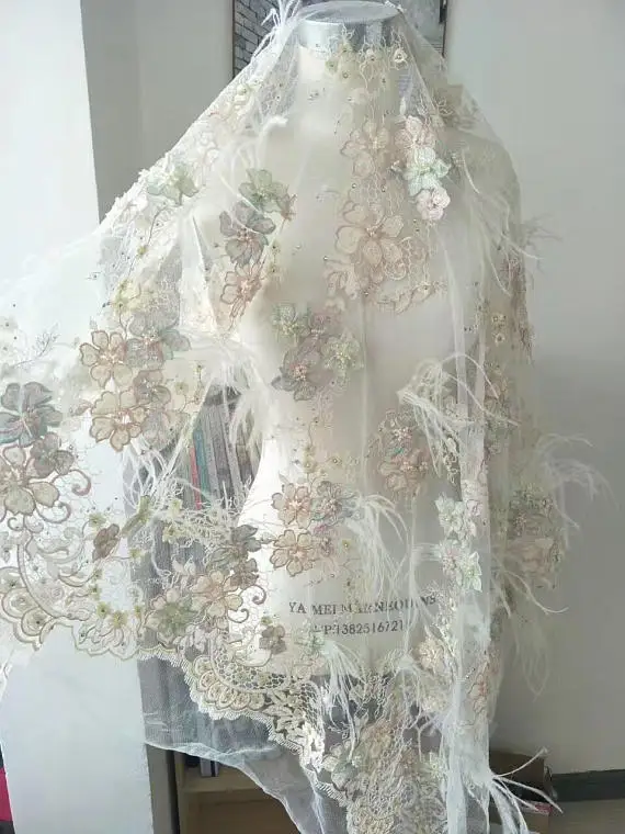 

1 yard multi color daisy florals lace fabric with Ostrich feather, deluxe lace fabric for haute couture