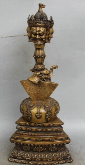 

JP S0524 22" Tibet Copper 8 Auspicious Protector Deity Head Symbol Phurba Dagger Holder