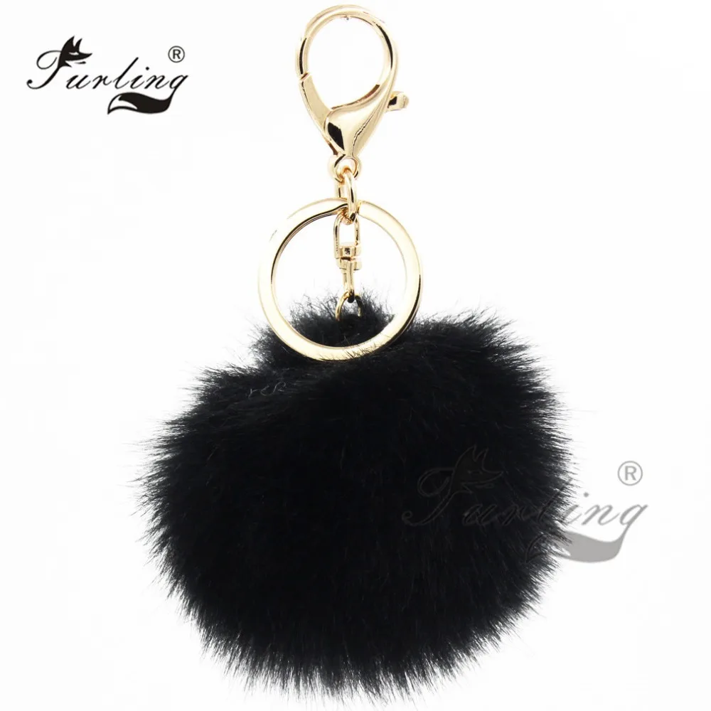 

Furling Fluffy Faux Rabbit Fur Pompom with Gold Plating Key Chain Trinket Charm Bag Key Ring Holder Key Chain For Women