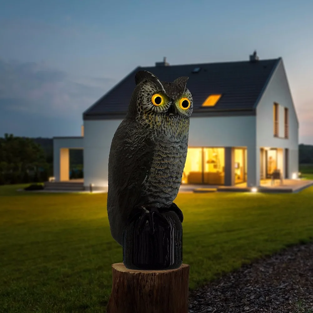 Realistic Owl Scarecrow with Flashing Eyes and Frightening Sound - Solar Powered and Motion Activated -Frightens Birds and Pest Realistic Owl Scarecrow with Flashing Eyes and Frightening Sound - Solar Powered and Motion Activated -Frightens Birds and Pest