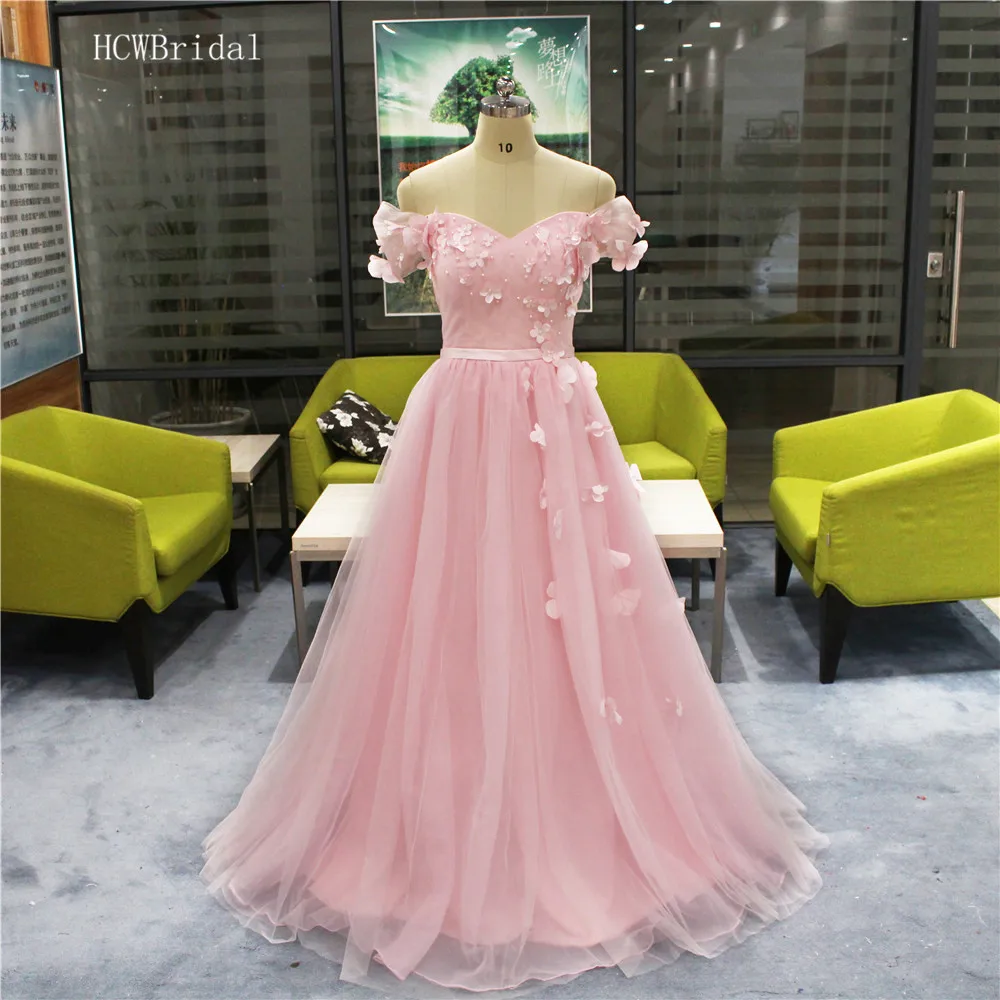

Graceful Off The Shoulder Flowers Pink Evening Dress 2019 Real Photos A Line Boat Neck Tulle Floor Length Long Formal Dresses