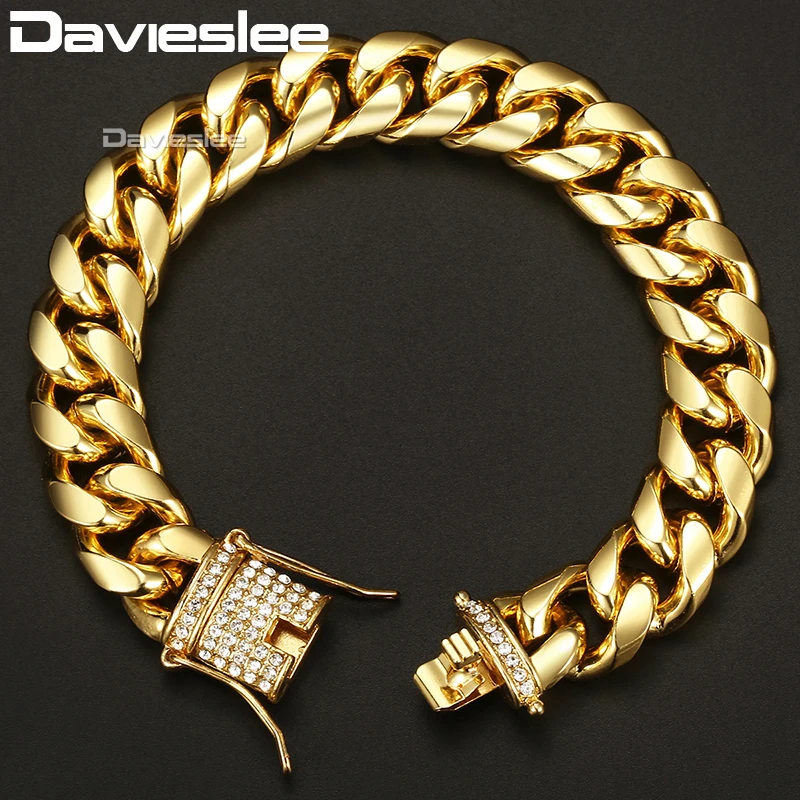 Браслет Davieslee для мужчин Iced Out CZ, золотой браслет-цепочка для мужчин, браслет с кубинским звеном,, мужские ювелирные изделия, подарки, 14 мм, DGB451