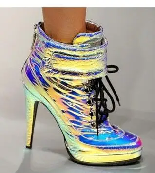 

2018 new fashion punk style colorful leather woman boots high quality gold silver black high heel boot singer lace-up ankle boot