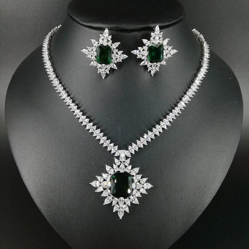 

NEW fashion exquisite elegant noble green square AAA zircon necklace earring set,wedding bride party dress dinner jewelry set
