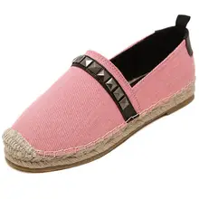Rivets Canvas Casual Flat Shoes Woman Slip On Loafers Cane Hemp Platform Denim Pink Blue Flat Shoes 35-40