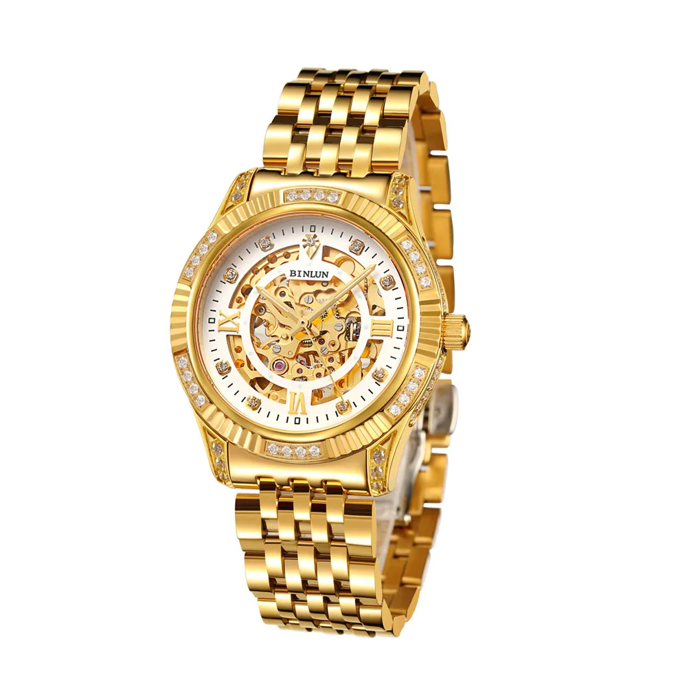 BINLUN 18K Gold Luxury Automatic Watch Skeleton Movement Watch Men's Sapphire Crystal Diamond Automatic Business Men's Watches - Цвет: Style B