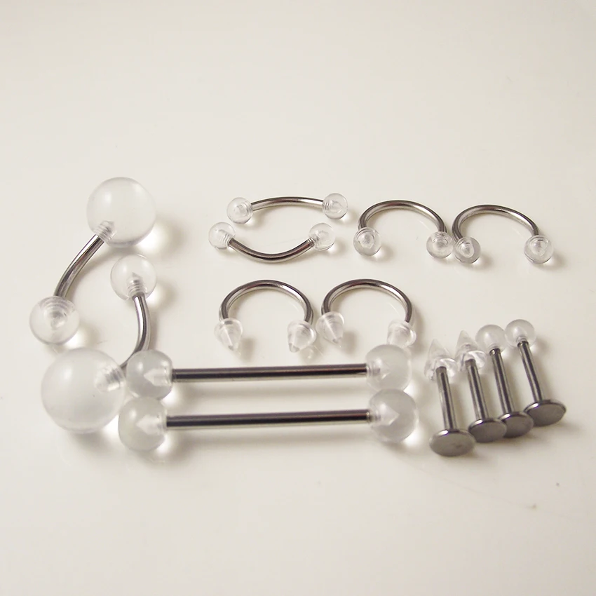 

14 Pieces Set Mix Stainless Steel Barbell Navel Rings Clear Acrylic Ball Tongue Nose Ring Lip Rings Body piercing Jewelry