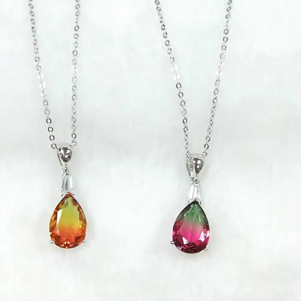 

TKJ Real 925 Sterling Silver Tourmaline Crystal Pendant Necklace for Women Ladies Wedding Party Anniversary Fine Jewelry