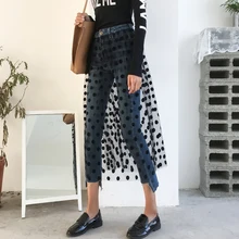 Марлевая строчка джинсы женские модные дикие нерегулярные девять брюки осенние новые женские темно-синие повседневные джинсы