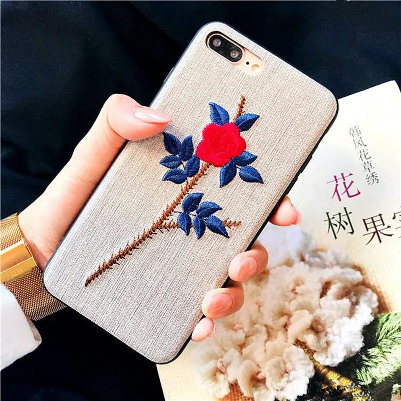 

BINYEAE Embroidery Phone Cases For iPhone 6 6S 7 8 Plus Case Vintage Fabric Rose Flower Soft Cover For iPhone X XS Max Case 3D