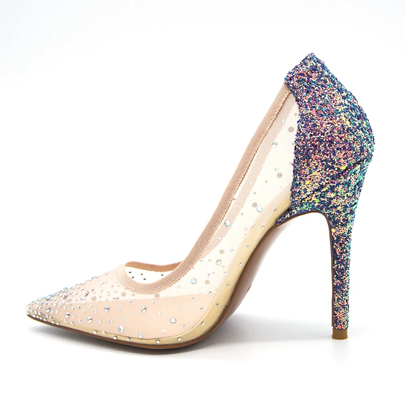 2018 summer bling bling Plus Size 34-43 High Quality Mesh Air Crystal Women Pumps Silver Glitter High Heels Woman Party Shoes