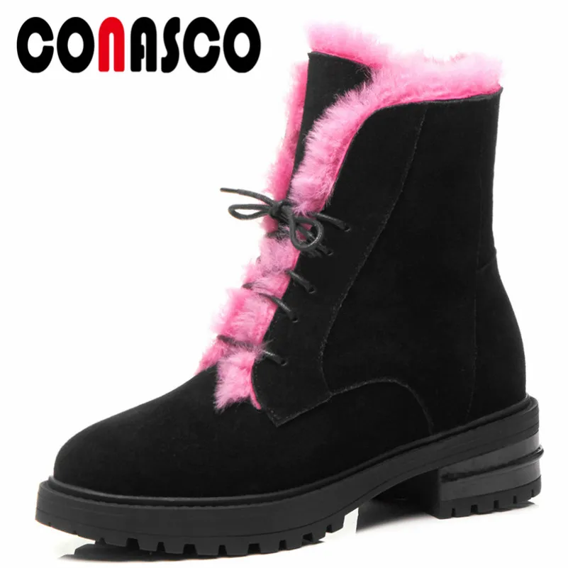 

CONASCO New Brand Warm Winter Snow Boots High Heels Lace Up Motorcycle Boots High Quality Cow Suede Short Basic Boots