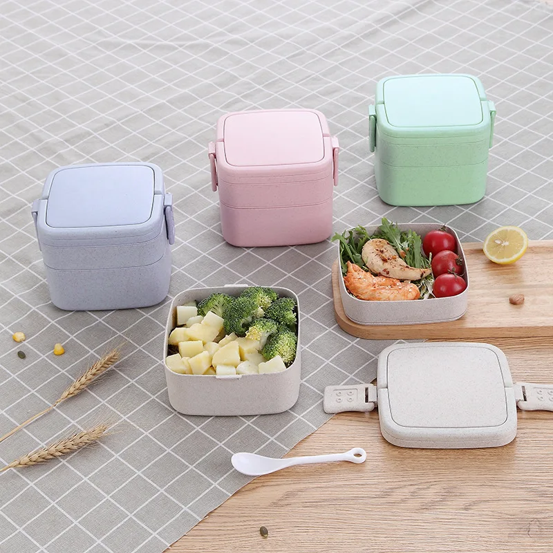 Квадратная коробка для обеда с мешком экологически чистый пшеничный материал Высокая емкость прямоугольная микроволновая печь с подогревом Bento Box детское питание контейнер