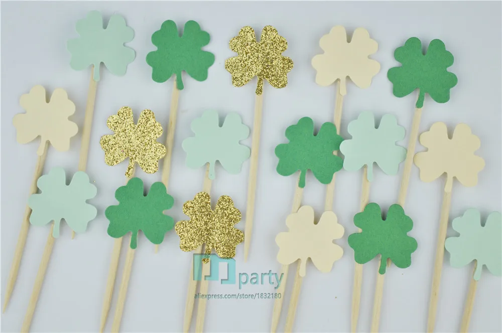 40 шт. Lucky Green gliter Clovers Cupcake Spring Весенняя Свадебная церемония пищевые палочки декор для именинного торта