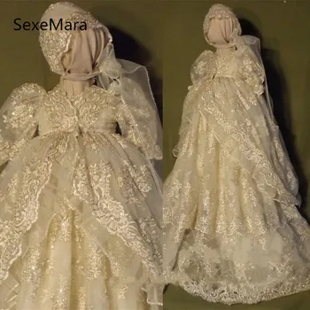 

Real Picture Baby Girls Clothes Christening Gown Lace Applique Infant Toddler Boys Girls Baptism Dress with Bonnet