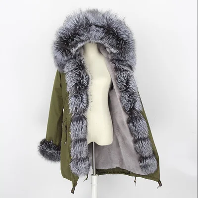 green coat sliver Пальто из натурального меха, зимняя куртка, бренд, Женское пальто, Воротник из натурального Лисьего меха, свободная длинная парка, уличная одежда, новая корейская мода - Цвет: green coat sliver