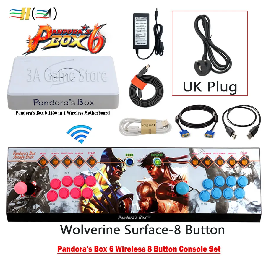 8b wireless JGL UK Pandora's Box 6 1300 в 1 беспроводная 8 кнопочная железная консоль красный/круг/Росомаха поверхность HDMI VGA USB для ТВ ПК PS3 tekken pacman - Цвет: 8b wireless JGL UK
