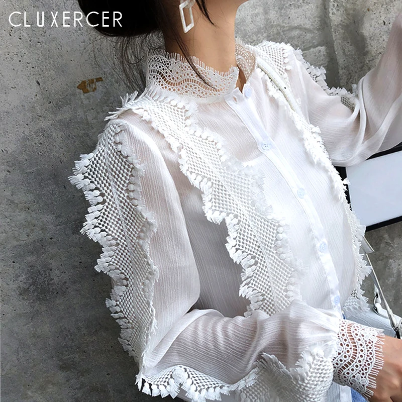 2019 New Korean Summer Long Sleeve Ladies Lace Blouses Elegant Black White Femme Blouse Top 2019 New Korean Summer Long Sleeve Ladies Lace Blouses Elegant Black White Femme Blouse Top
