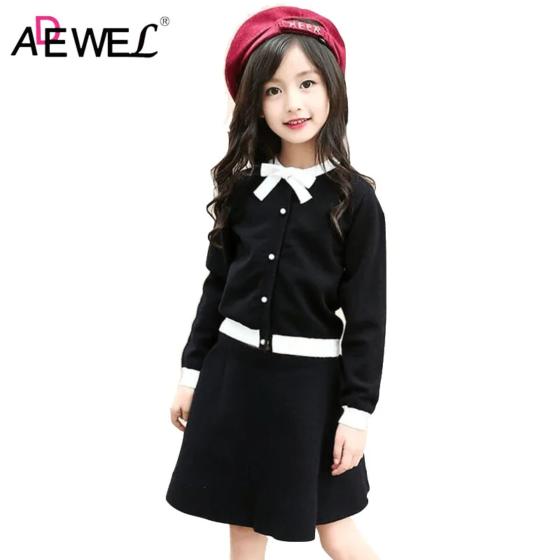 

ADEWEL Girls Sweater Set Cardigan Tops + Skirt 2 Pieces Suits 2018 New Kid Bow Sweet Autumn Spring Children Long Sleeve Clothing