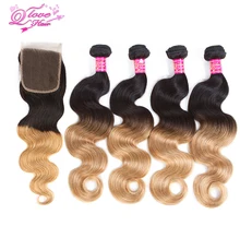Queen Love Hair Pre-Colored Ombre Hair Weave 4 Bundles With Closure 1b/27 Mongolian Body Wave Human Hair Bundles With Closure