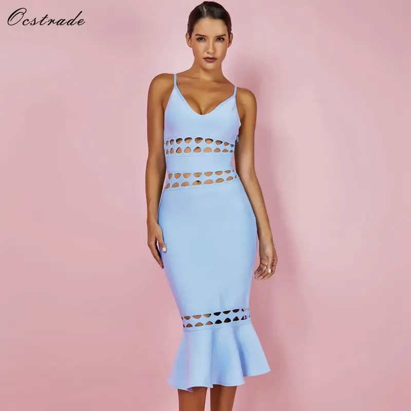Ocstrade XL ضمادة فساتين 2019 الوافدين الجدد الصيف النساء ضوء الأزرق قطع التفاصيل حورية البحر Bodycon ضمادة اللباس نادي الحزب
