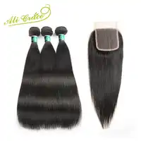 Ali Grace Hair Malaysian Silky Straight 3 Bundles Human Hair With Lace Closure 4*4 Free Middle Part Natural Color Remy Hair