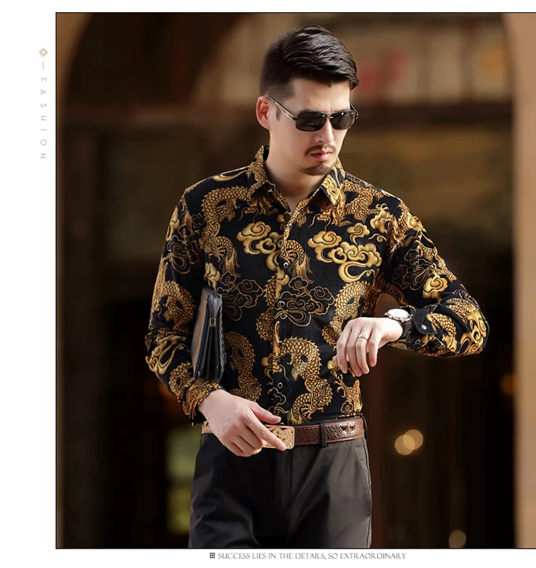 2019 Новая мода бархат Slim Fit мужские рубашки Повседневное с длинным рукавом Дракон узор рубашки M-4XL