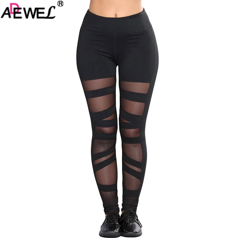 

ADEWEL 2019 Sexy Sheer High Waist Mesh Active Women Black Legging Wide Waist Fitness Leggin Ladies Show Thin Leggings