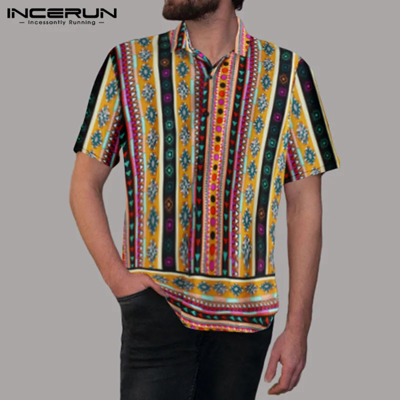 INCERUN, этнический стиль, с принтом, мужская повседневная рубашка, с отворотом на шее, уличная одежда, короткий рукав, топы,, свободная тропическая гавайская рубашка, Мужская S-5XL
