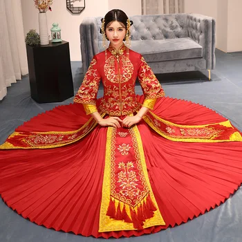 

Traditional Women CheongsamChinese Bride Wedding Pleated Dress Exquisite Vintage Female Marriage Qipao Noble Toast Clothing
