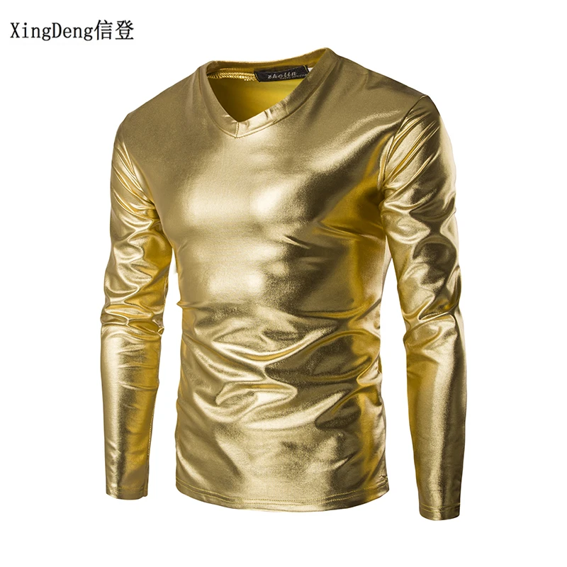 

XingDeng Men's large size round collar T-shirt men's clothing spring 2018 leather sexy DJ bar TOPS and show Nightclub clothing