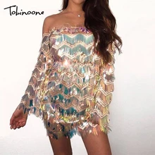 Tobinoone Sexy Fora Do Ombro Vestido de Verão 2018 Lantejoula Tassel Vestidos Bodycon Backless Mulheres Sexy Clube Vestido de Festa Vestidos