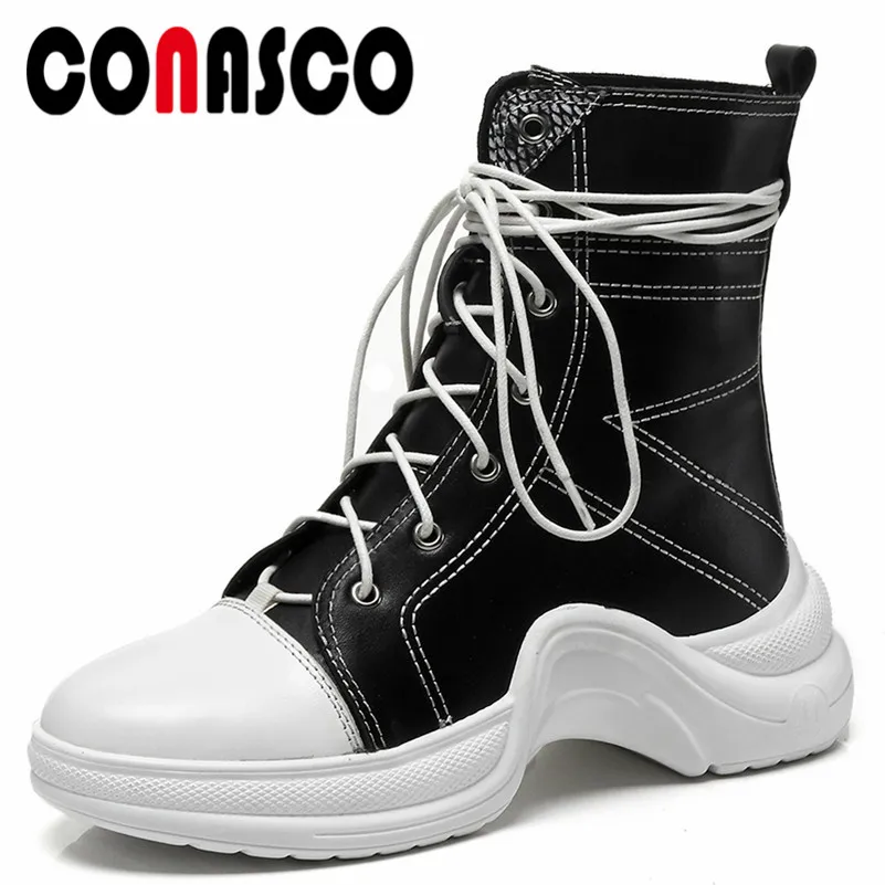 

CONASCO Fashion Women Ankle Boots Autumn Winter Warm Square Heels Shoes Woman Casual Quality Cross-tied Genuine Leather Sneakers