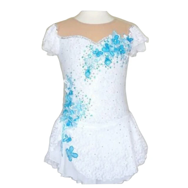 Cheap Customized Costume Ice Figure Skating Dress Rhythmic Gymnastics White Adult Child Girl Show Skirt Performance Short Sleeve