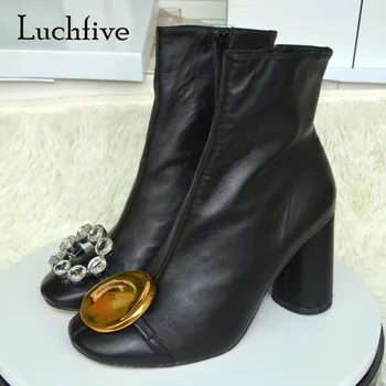 

2018 Retro Rhinestone Metal Round Toe Ankle Boots Woman Real Leather High Heel Boots Woman Newest Fashion Martin Boots