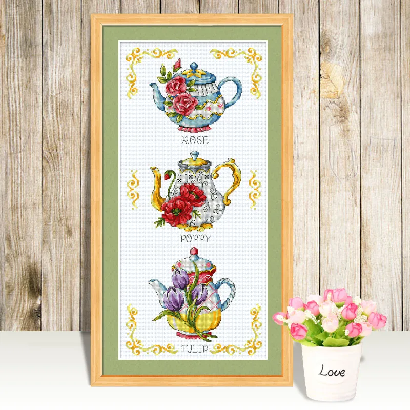 cs-2731 Cross Stitch Kit Flower Teapot Cake Rose Poppy Tulip Teapots SO