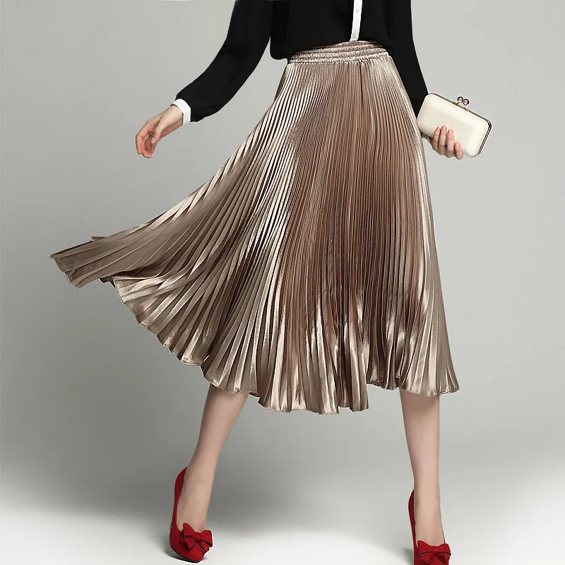 

women pleated skirt new spring and summer skirts 2018 Europe and metallic type women skirts