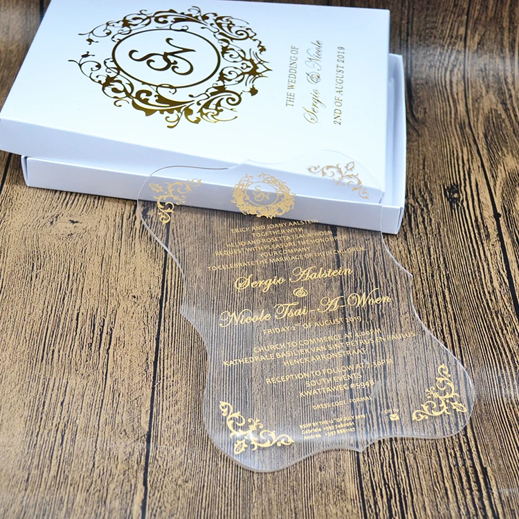  Gold screen printing acrylic wedding invitations with foil box - 33022895635