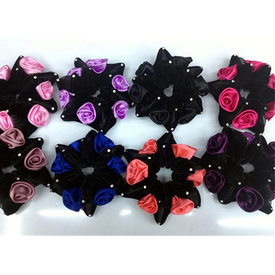 

10pcs/lot New Arrival Satin Rose Flower Mesh Velvet Six Triangle Hair Band Ballet Dance Skating Mesh Hairband Hair Accessories