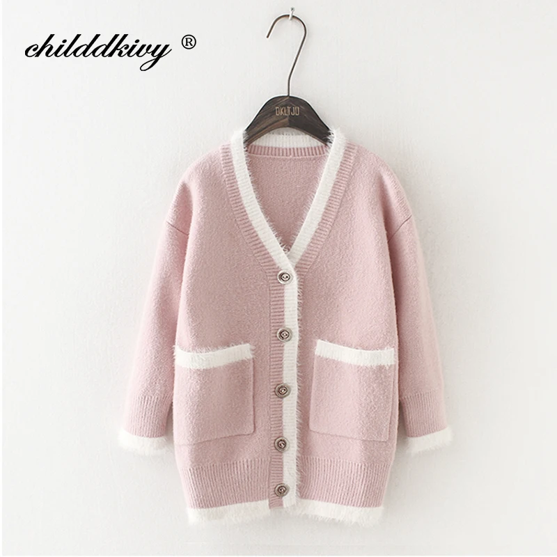 

4-14Years High Quality Girls Cardigans Brand Kids Knitted Sweaters Wool Patchwork Rabbit fur Outerwear Children Cardigan Clothes